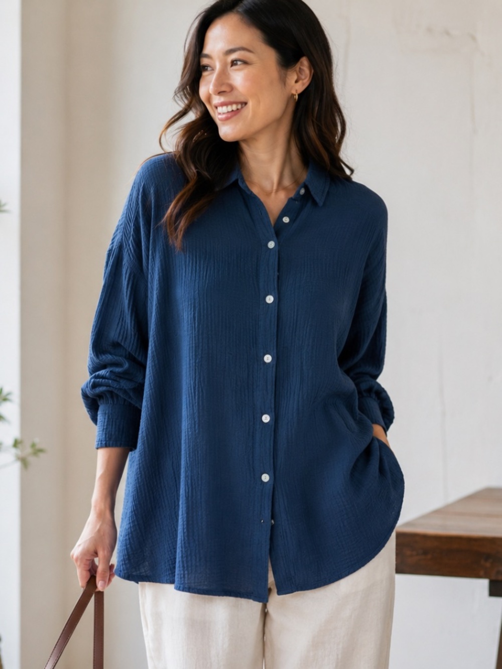 Made in Italy Blue Double Gauze Cotton Lagenlook Oversized Tunic Top OS